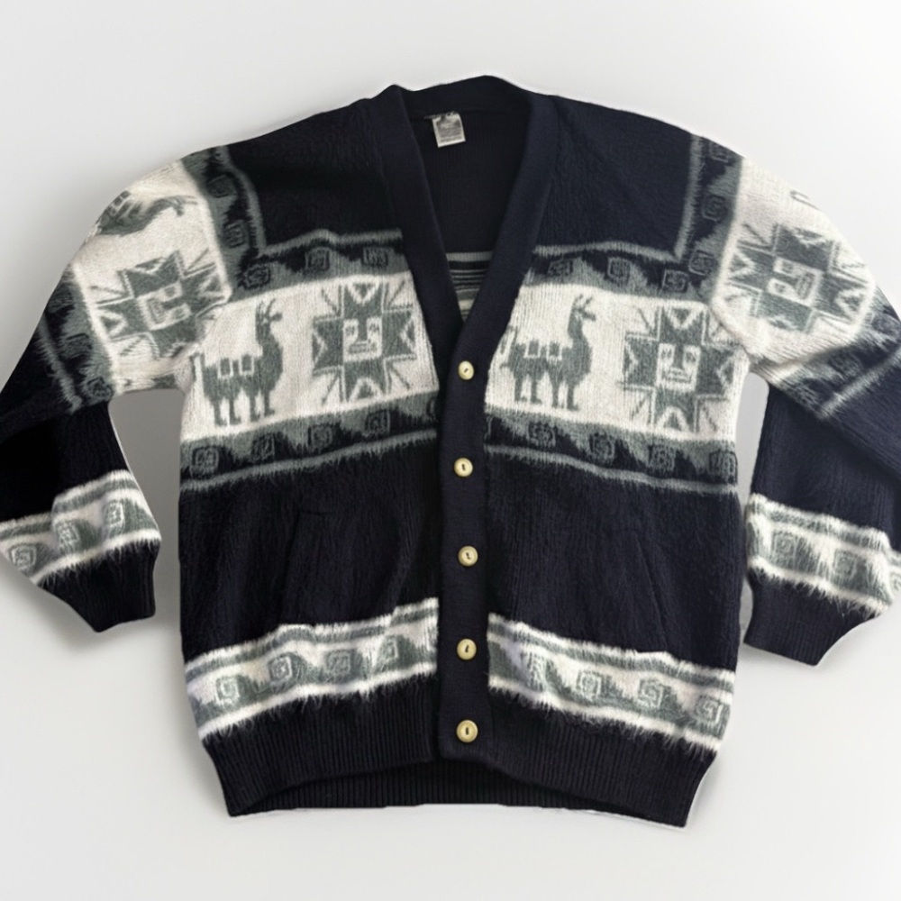 Inca Artesanias Cardigan Sweater XL Llama Alpaca Hand Knit Vintage Ruminahui